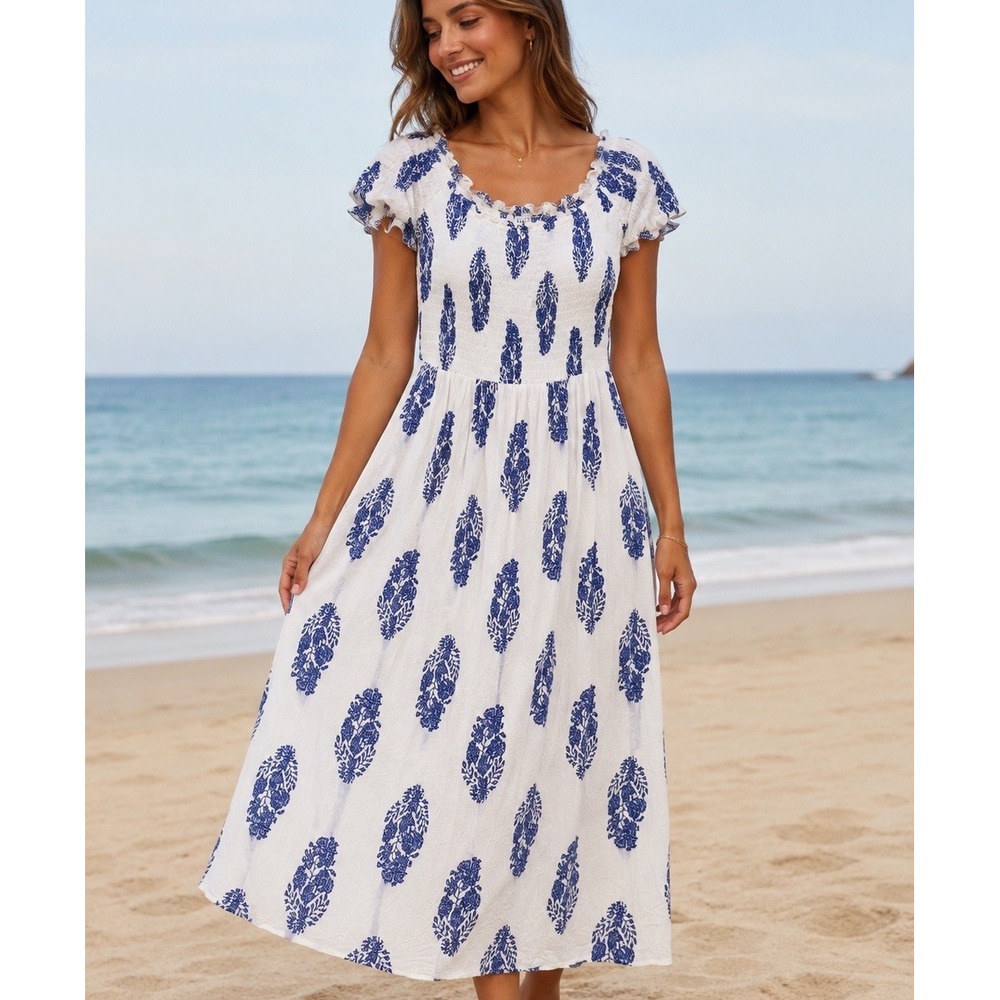 Devi White Blue Floral Maxi Dress M- L 100% Rayon India Boho Beach Resort Core
